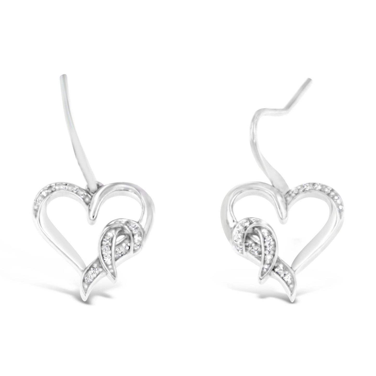 Sterling Silver Round Cut Diamond Heart Dangle Earrings (0.09 cttw H-I Color