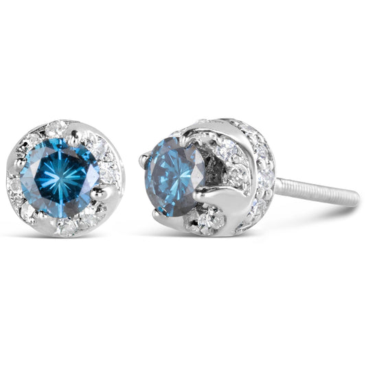 14K White Gold 1.00 Cttw Treated Blue and White Diamond Hidden Halo Stud