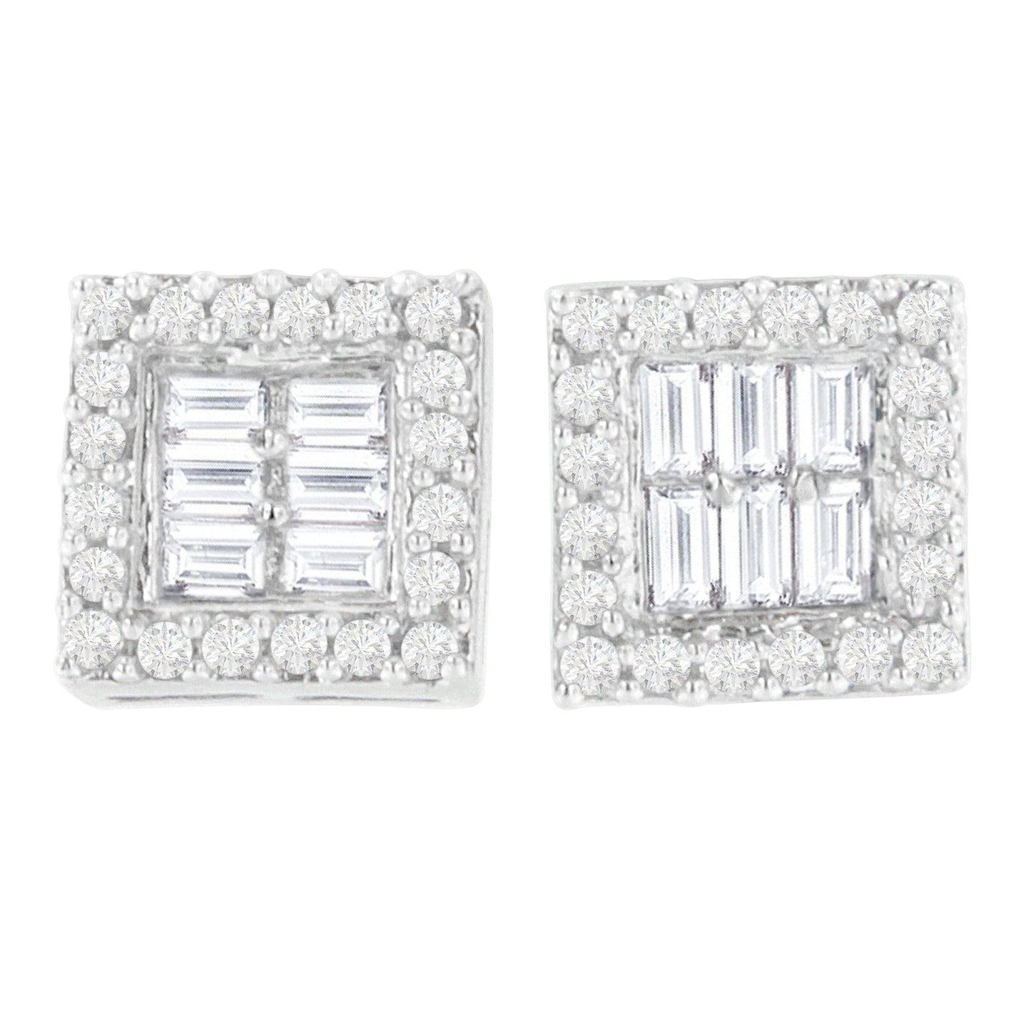 14K White Gold 1 cttw Round and Baguette Diamond Stud Earrings (H-I SI1-SI2)