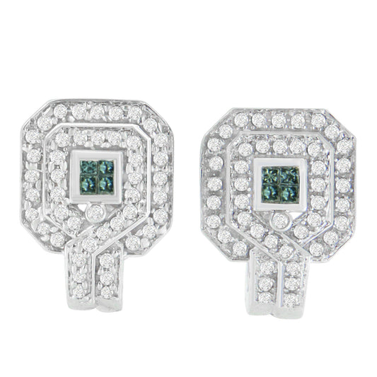 14K White Gold 1ct. TDW Round and Princess-cut Treated Blue Diamond Earrings