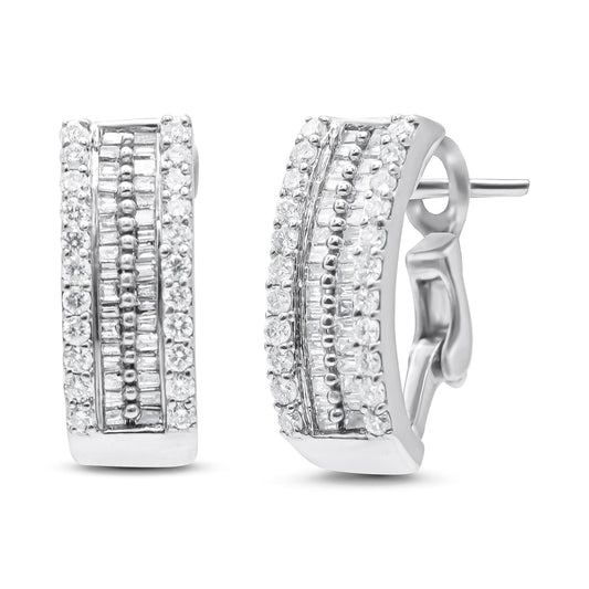 14K White Gold 1 1/2 cttw Round and Baguette Cut Diamond Earrings (H-I SI2-I1)