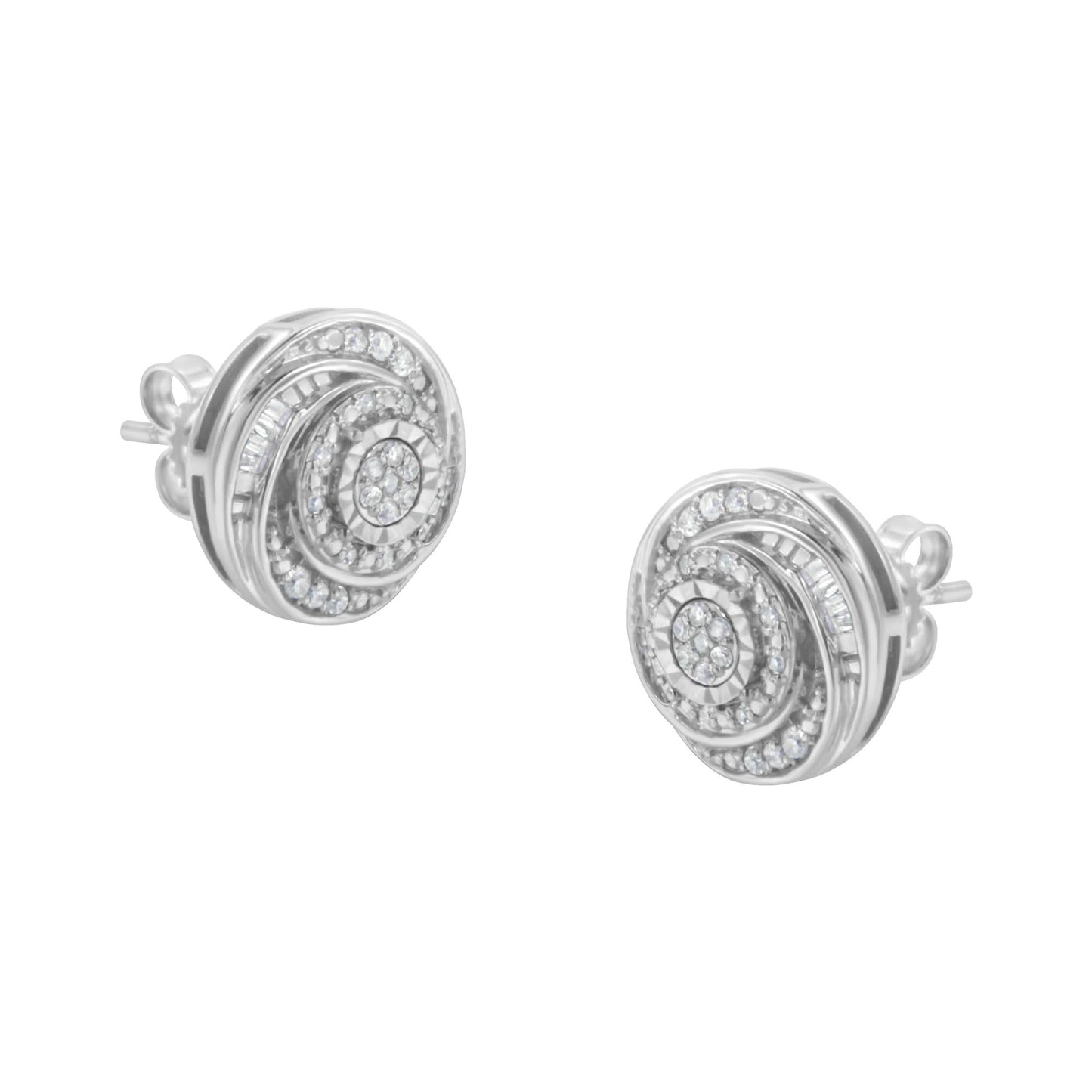 .925 Sterling Silver 1/4 Cttw Baguette and Round Diamond Swirl Love Knot Stud