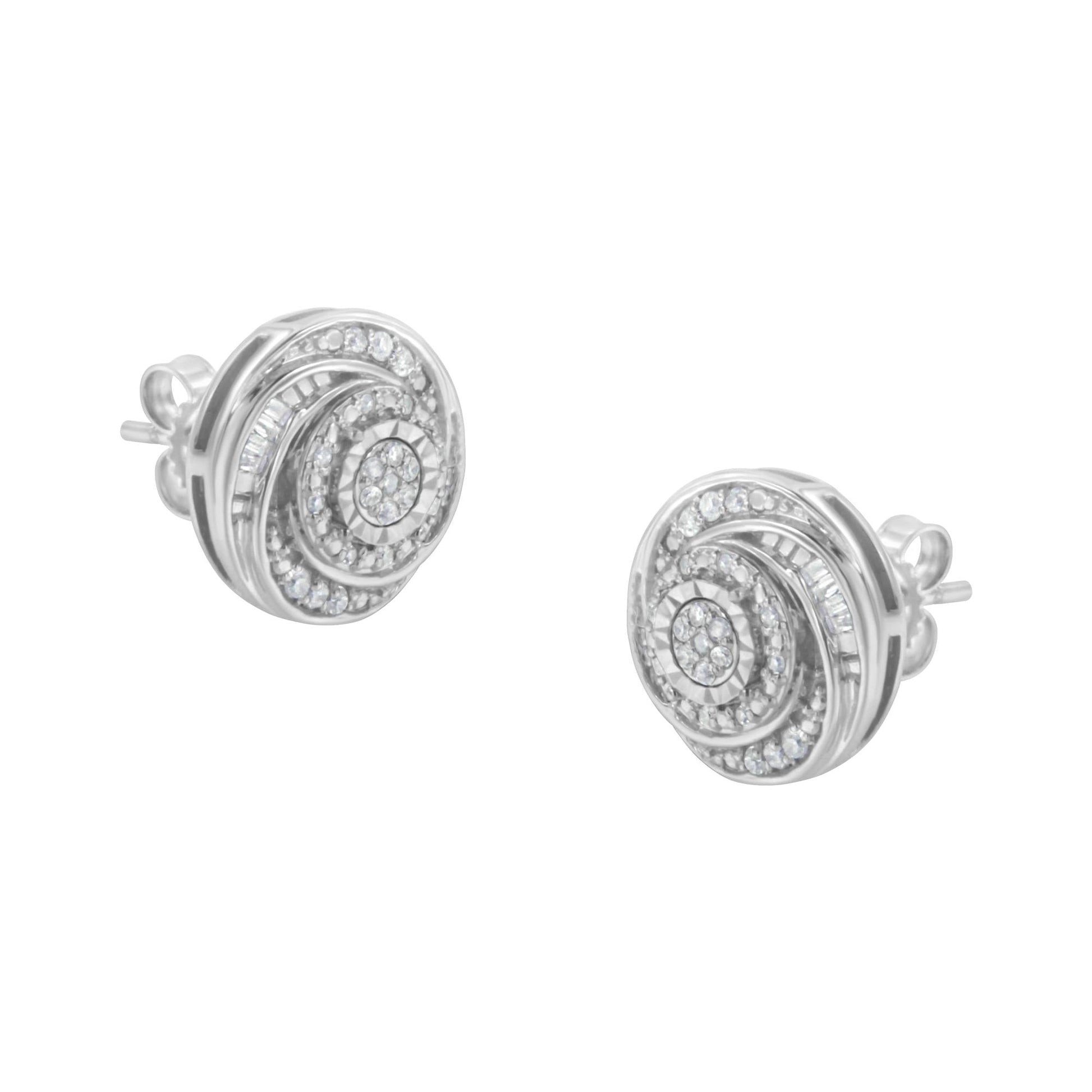 .925 Sterling Silver 1/4 Cttw Baguette and Round Diamond Swirl Love Knot Stud