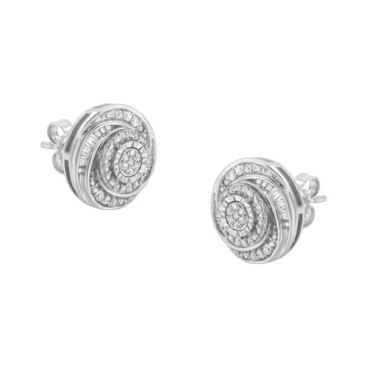 .925 Sterling Silver 1/4 Cttw Baguette and Round Diamond Swirl Love Knot Stud