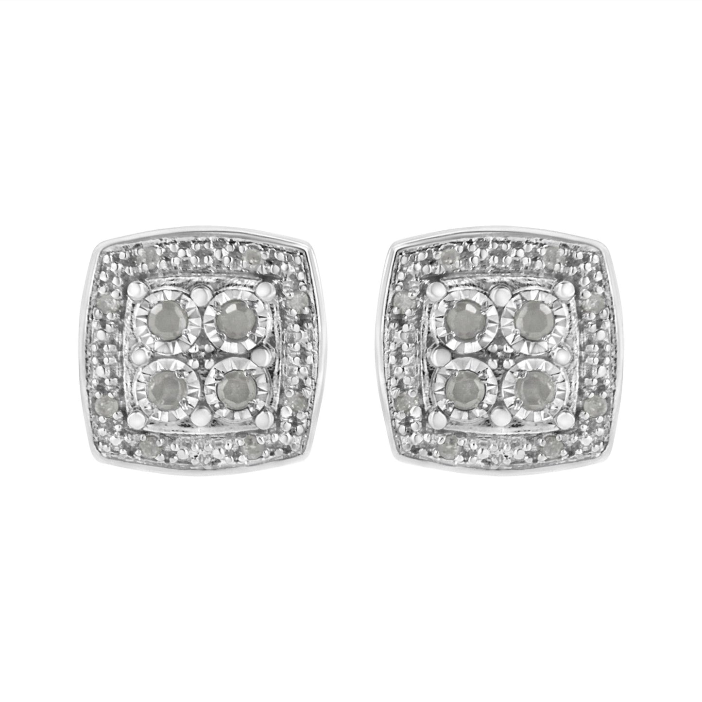 .925 Sterling Silver 1/4 cttw Round Cut Diamond Square Shape Milgrain Stud