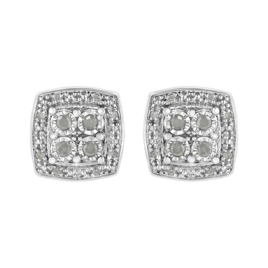 .925 Sterling Silver 1/4 cttw Round Cut Diamond Square Shape Milgrain Stud