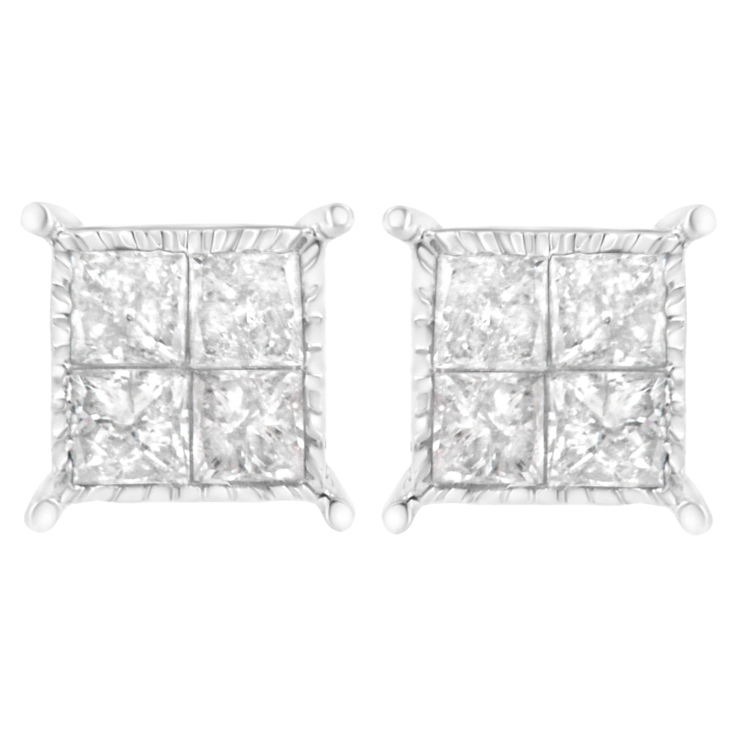 10K White Gold Square Earrings with Princess Cut Diamond (3/4 cttw I-J Color