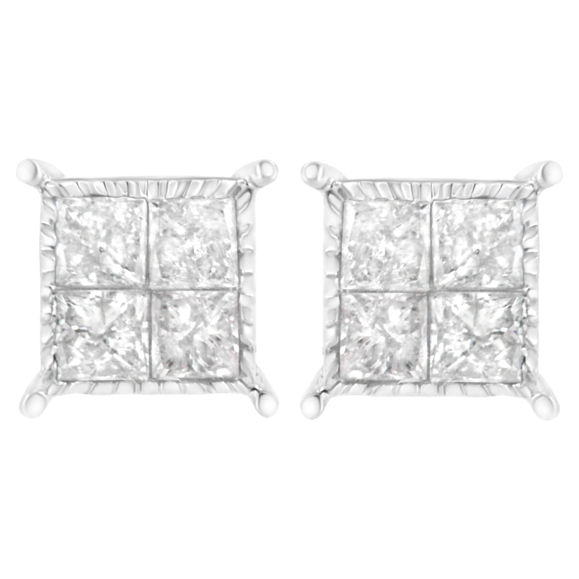 10K White Gold Square Earrings with Princess Cut Diamond (3/4 cttw I-J Color