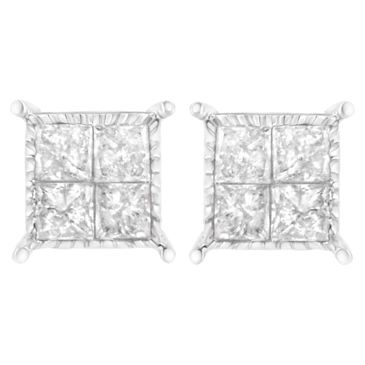 10K White Gold Square Earrings with Princess Cut Diamond (3/4 cttw I-J Color