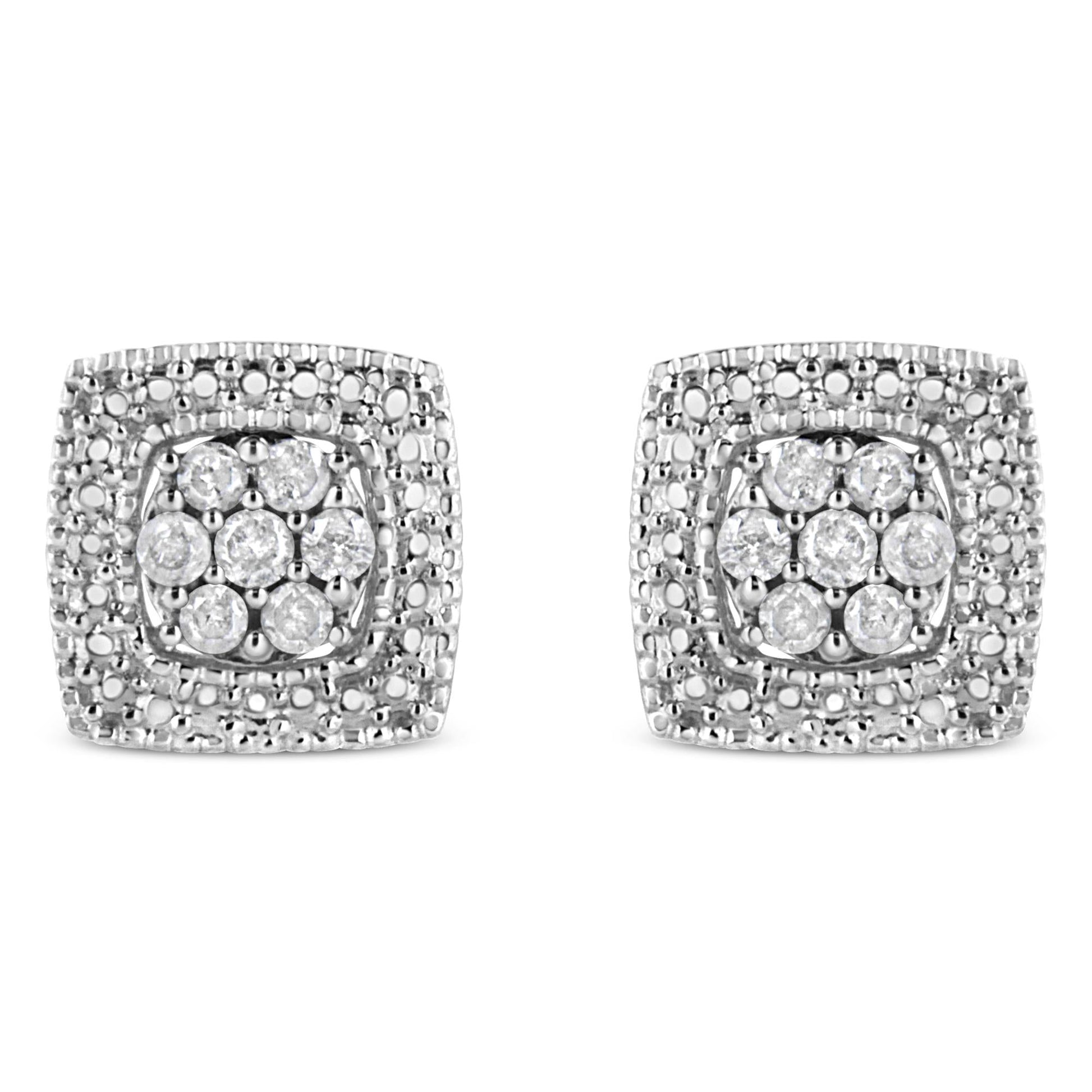 .925 Sterling Silver 1/2 Cttw Diamond Miligrain Square Shape Stud Earrings (I-J