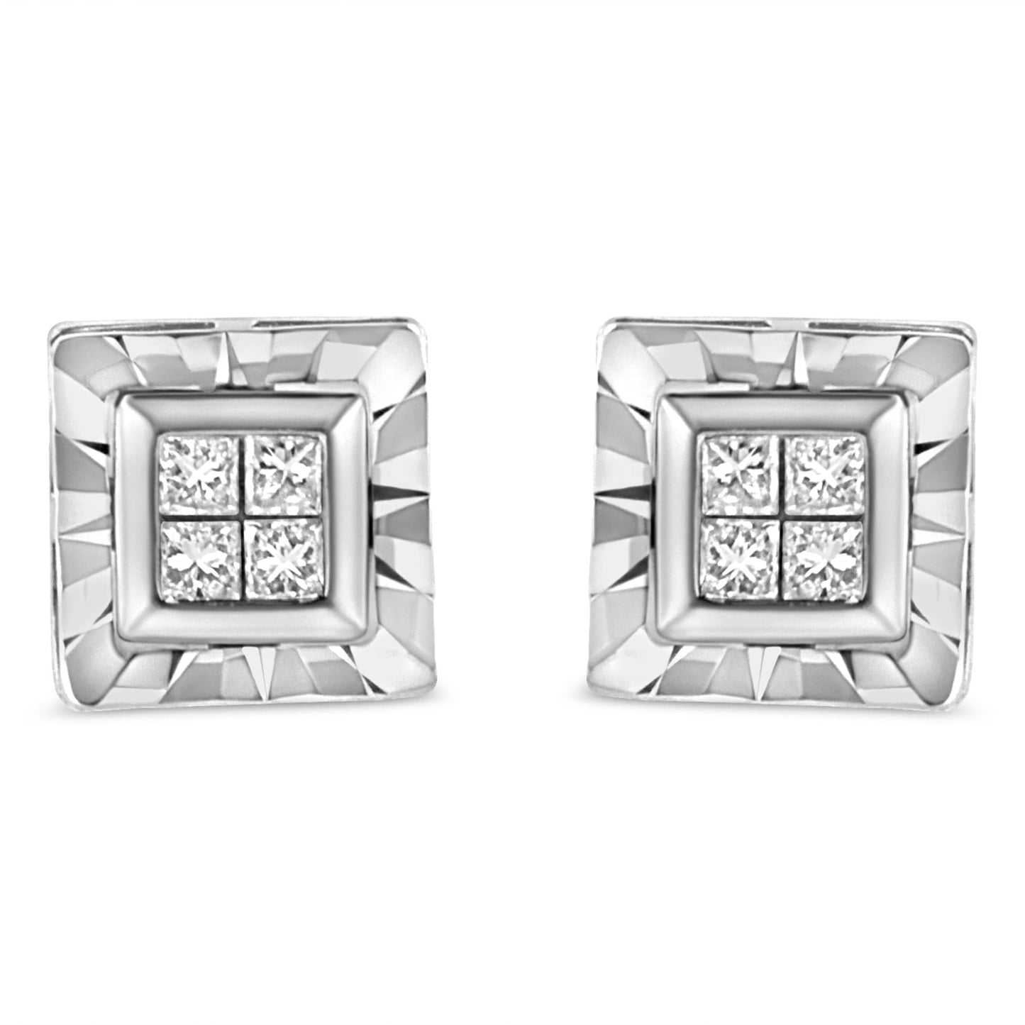 .925 Sterling Silver 1/6 Cttw Invisible Set Princess-Cut Diamond Quad Composite