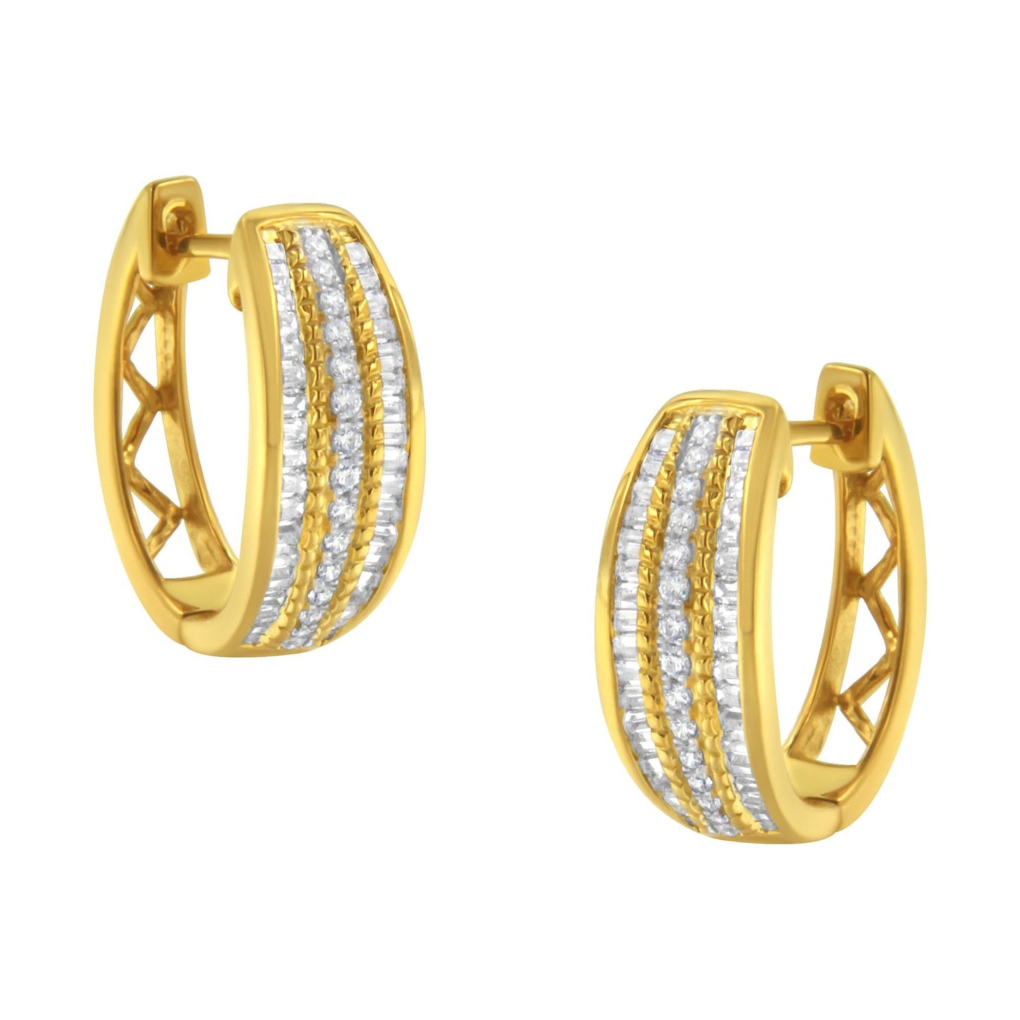 10K Yellow Gold 3/4 Cttw Pave and Channel Set Diamond Triple Row Modern Hoop