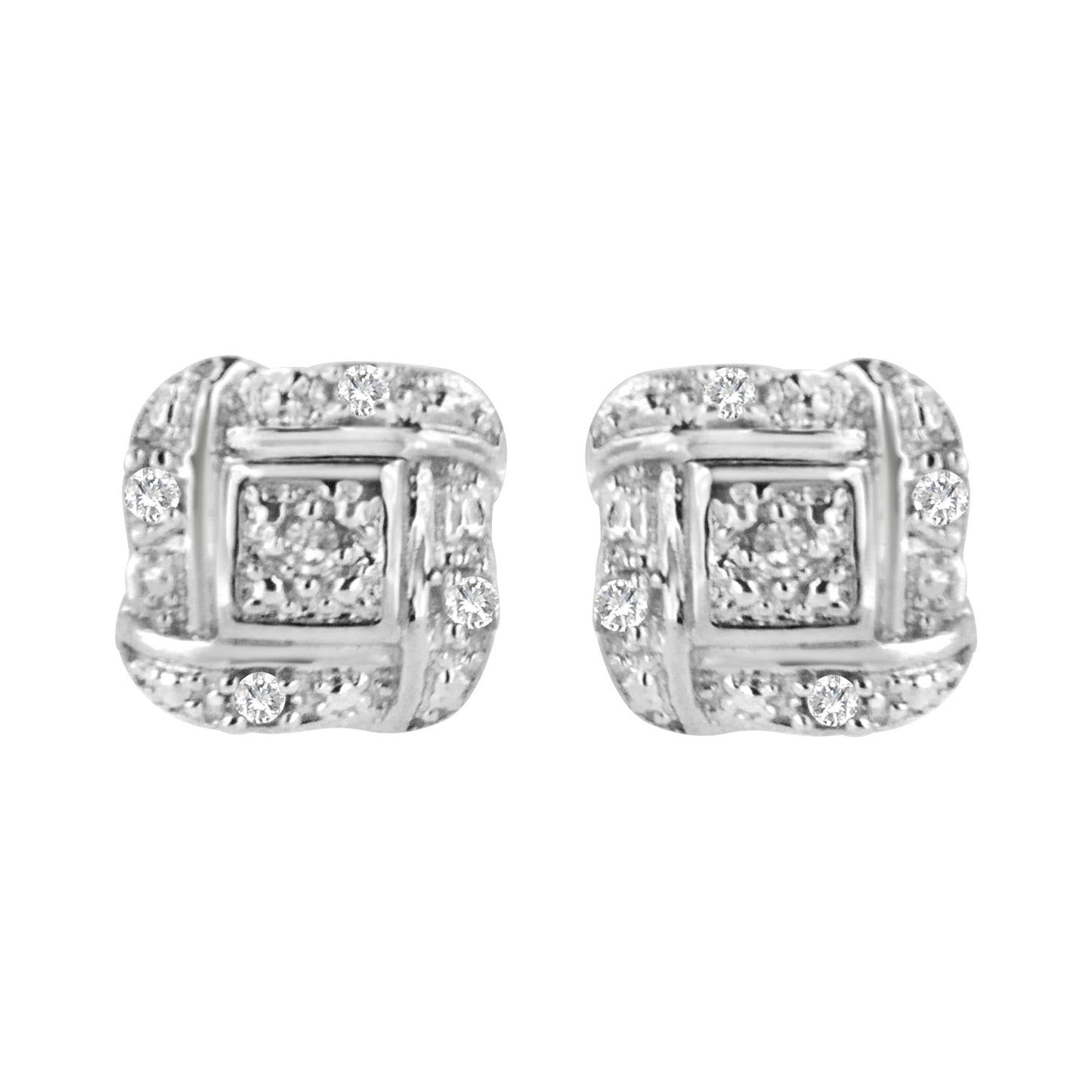 Sterling Silver Round Cut Diamond Square Stud Earrings (0.04 cttw H-I Color