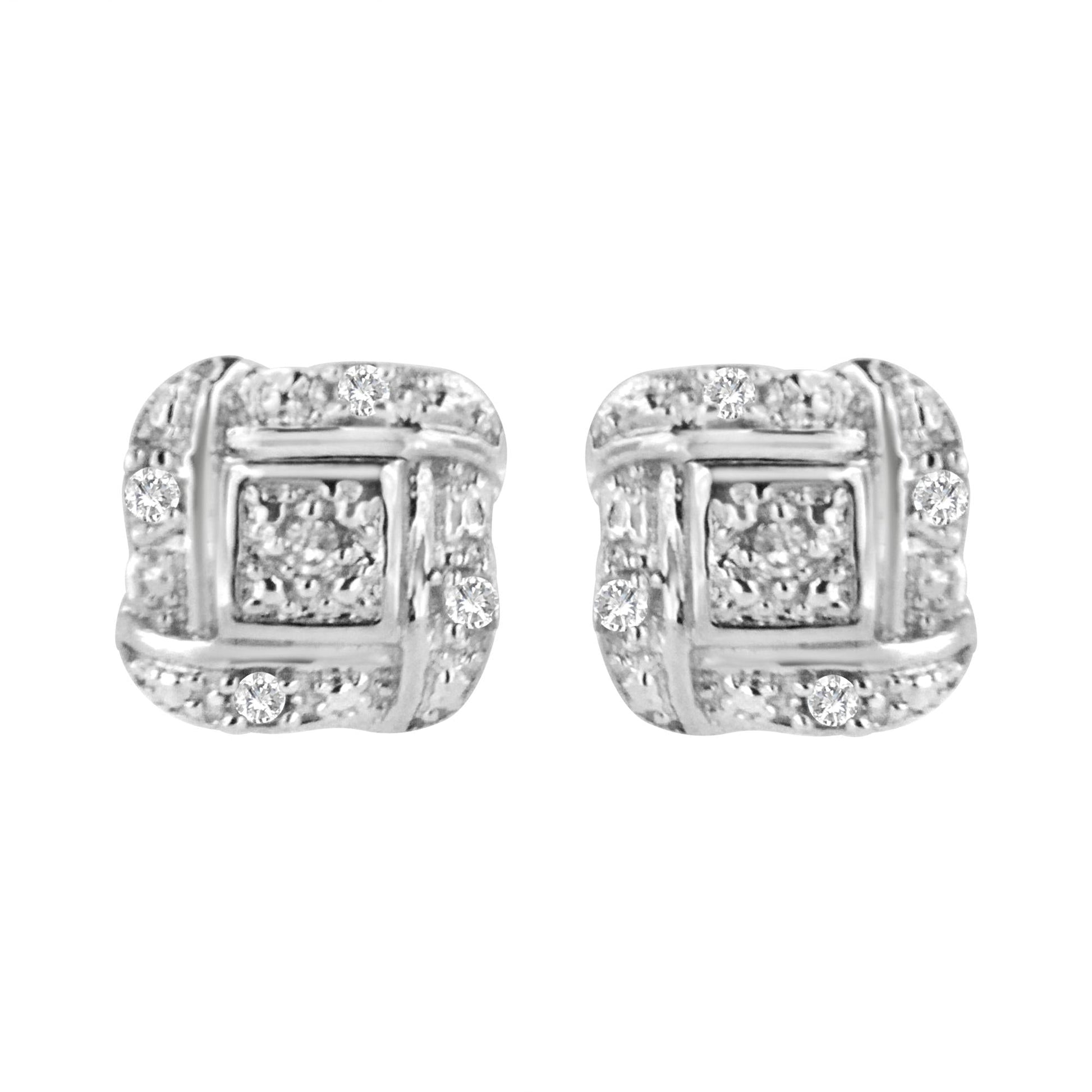 Sterling Silver Round Cut Diamond Square Stud Earrings (0.04 cttw H-I Color