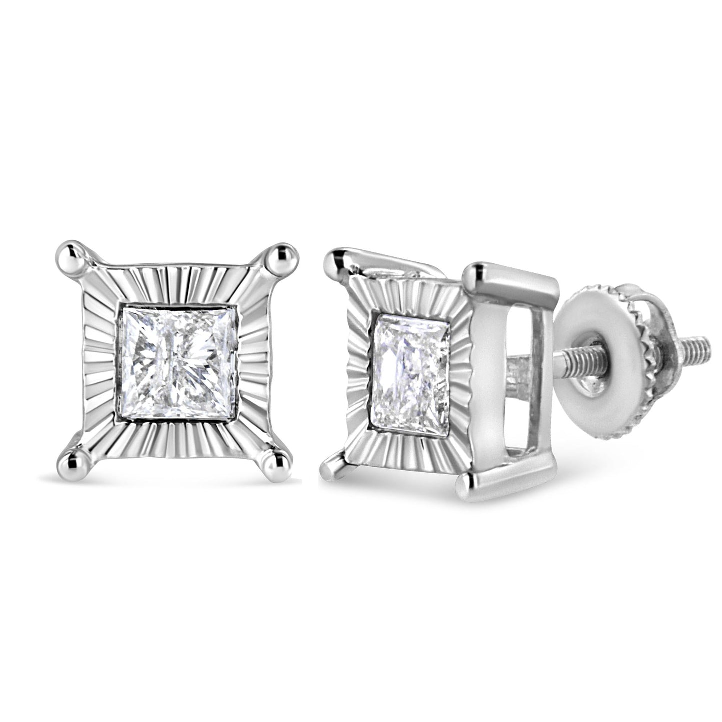 .925 Sterling Silver Miracle Set Princess-cut Diamond Solitaire Stud Earrings