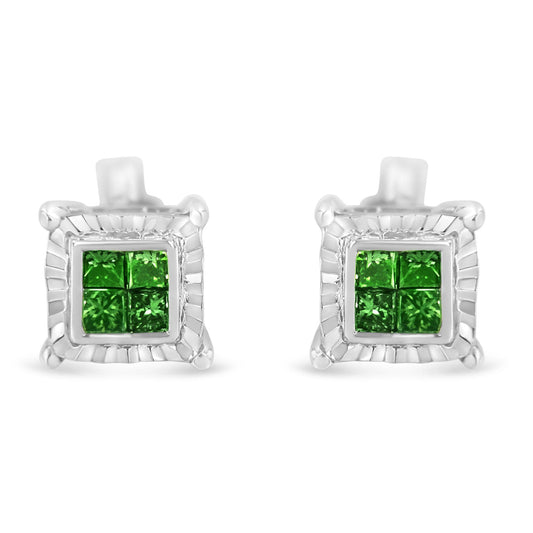 Sterling Silver Color Treated Princess Diamond Quad Stud Earring (1/2 cttw