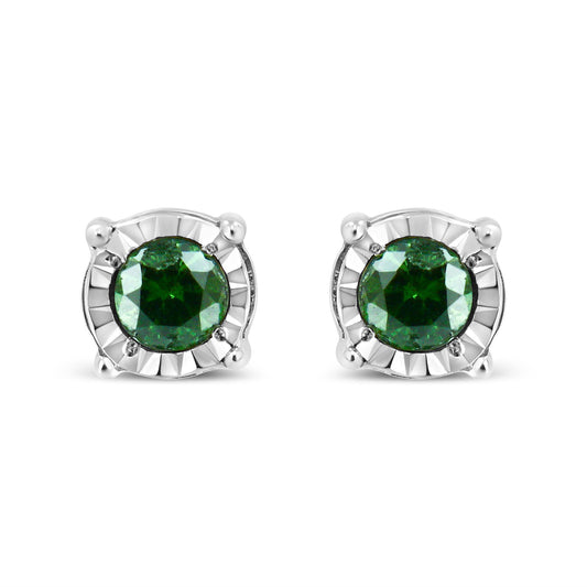 Sterling Silver Rose Cut Treated Green Diamond Solitaire Stud Earrings (0.25