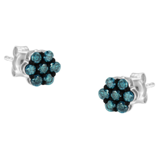 Sterling Silver Treated Blue Diamond Floral Stud Earrings (0.5 cttw Blue Color