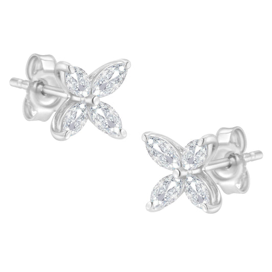 14K Gold Marquise Diamond 8 Stone Floral Leaf Stud Earrings (I-J Color, SI2-I1 Clarity)