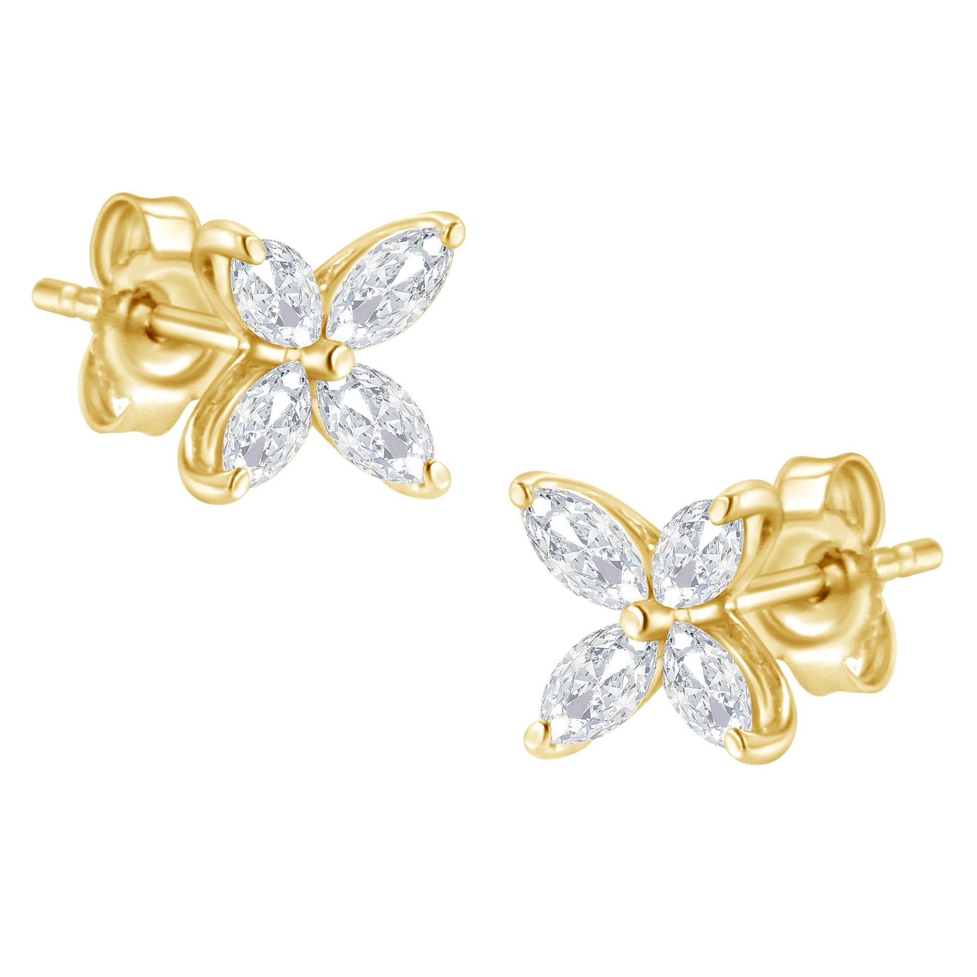 14K Gold Marquise Diamond 8 Stone Floral Leaf Stud Earrings (I-J Color SI2-I1