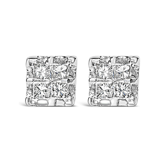 10k Yellow Gold Princess Diamond Quad Stud Earrings (1/4 cttw J-K Color I2-I3