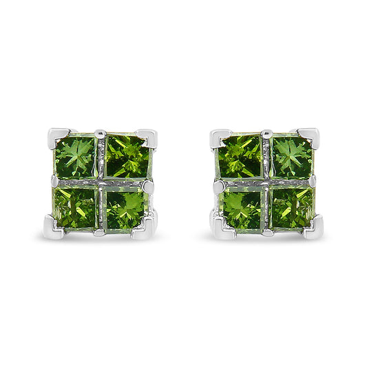 .925 Sterling Silver Treated Green Princess-cut Diamond 4 Stone Composite Quad Stud Earring (Green Color, I1-I2 Clarity)