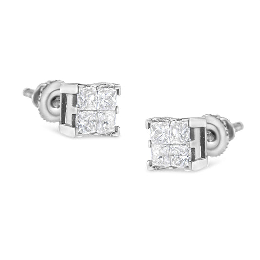 10K White Gold 3/4 Cttw Invisible Set Princess-Cut Diamond Composite Square Stud Earrings (H-I Color, SI2-I1 Clarity)