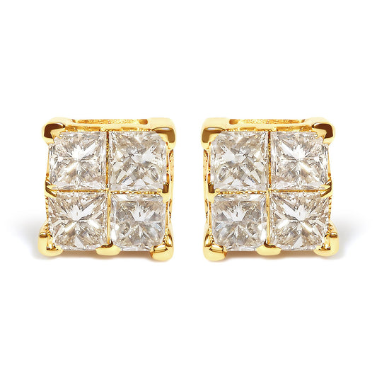 14K Yellow Gold 3/4 Cttw Invisible Set Princess-Cut Diamond 4 Stone Square Stud