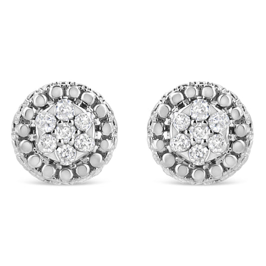 .925 Sterling Silver 1/3 Cttw 7 Stone Pave Set Diamond Beaded Stud Earrings