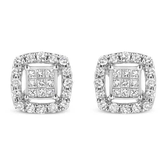 .925 Sterling Silver 1/2 Cttw Round and Princess-Cut Diamond Stud Earrings (I-J