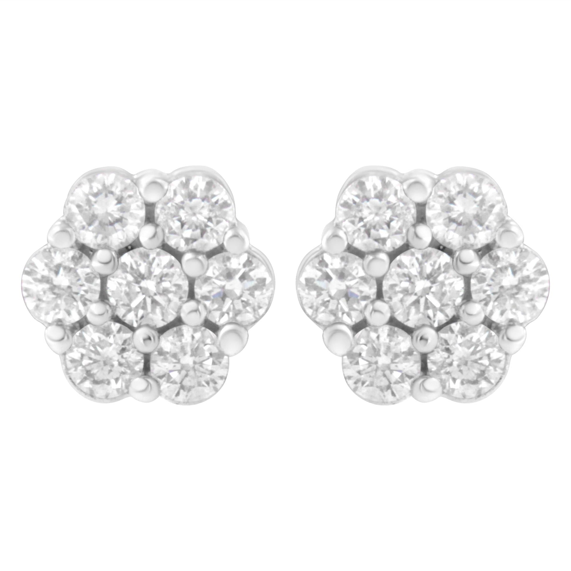 14K White Gold 7 Stone Floral Cluster Round Brilliant Cut Diamond Stud Earrings