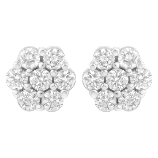 14K White Gold 7 Stone Floral Cluster Round Brilliant Cut Diamond Stud Earrings