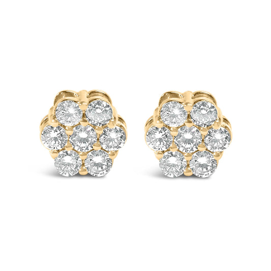 14K White Gold 7 Stone Floral Cluster Round Brilliant Cut Diamond Stud Earrings