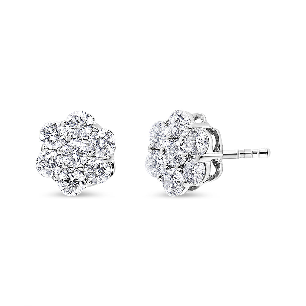 14K White Gold 7 Stone Floral Cluster Round Brilliant Cut Diamond Stud Earrings