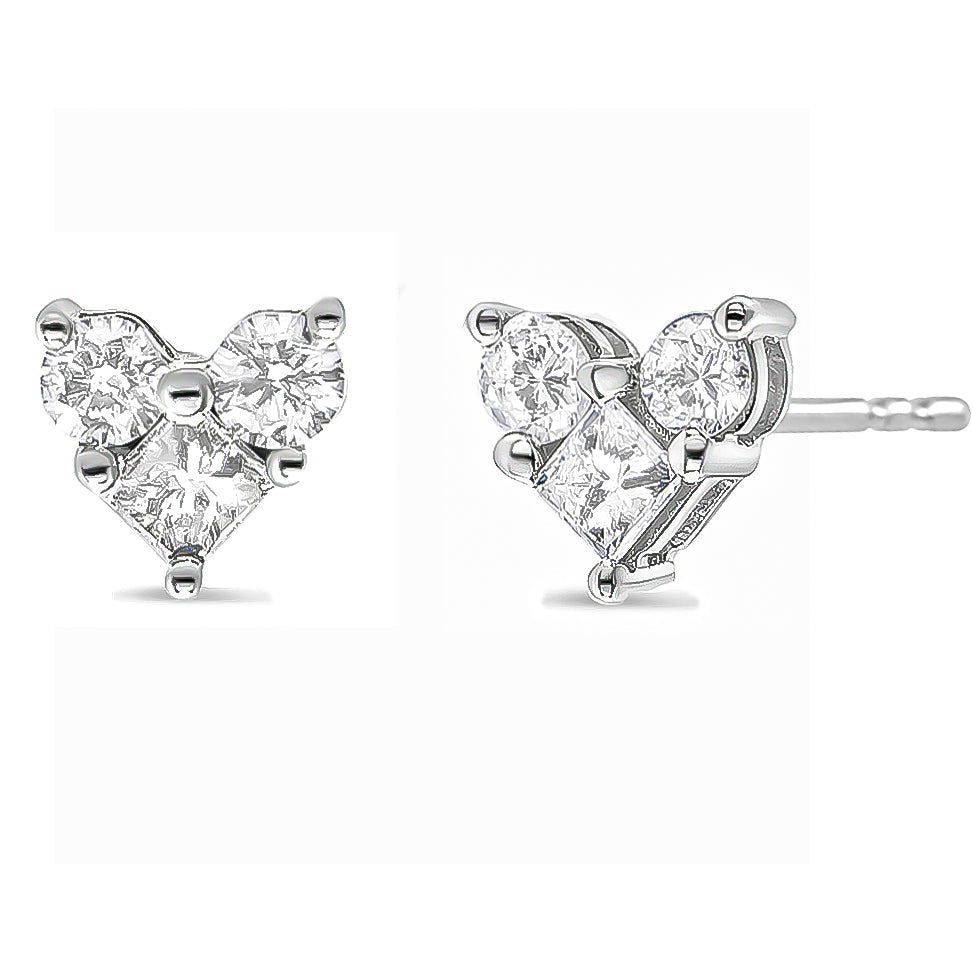 10K White Gold Diamond 3 Stone Trio Heart Stud Earring (I-J Color I1-I2