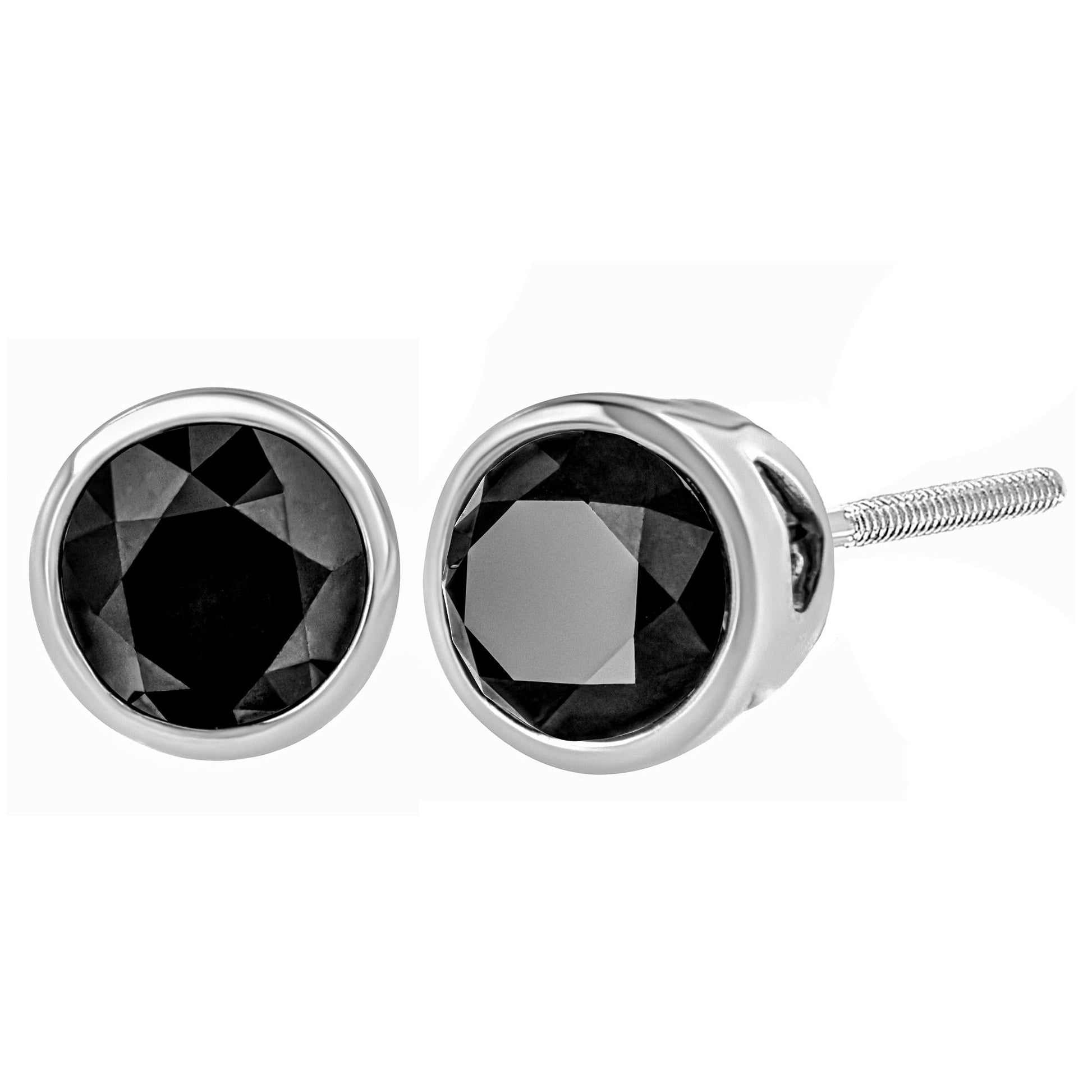 .925 Sterling Silver Round Brilliant-Cut Black Diamond Bezel-Set Stud Earrings