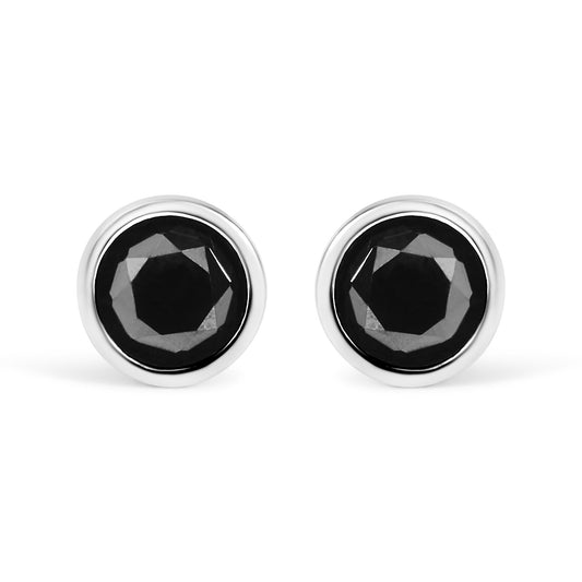 .925 Sterling Silver Round Brilliant-Cut Black Diamond Bezel-Set Stud Earrings