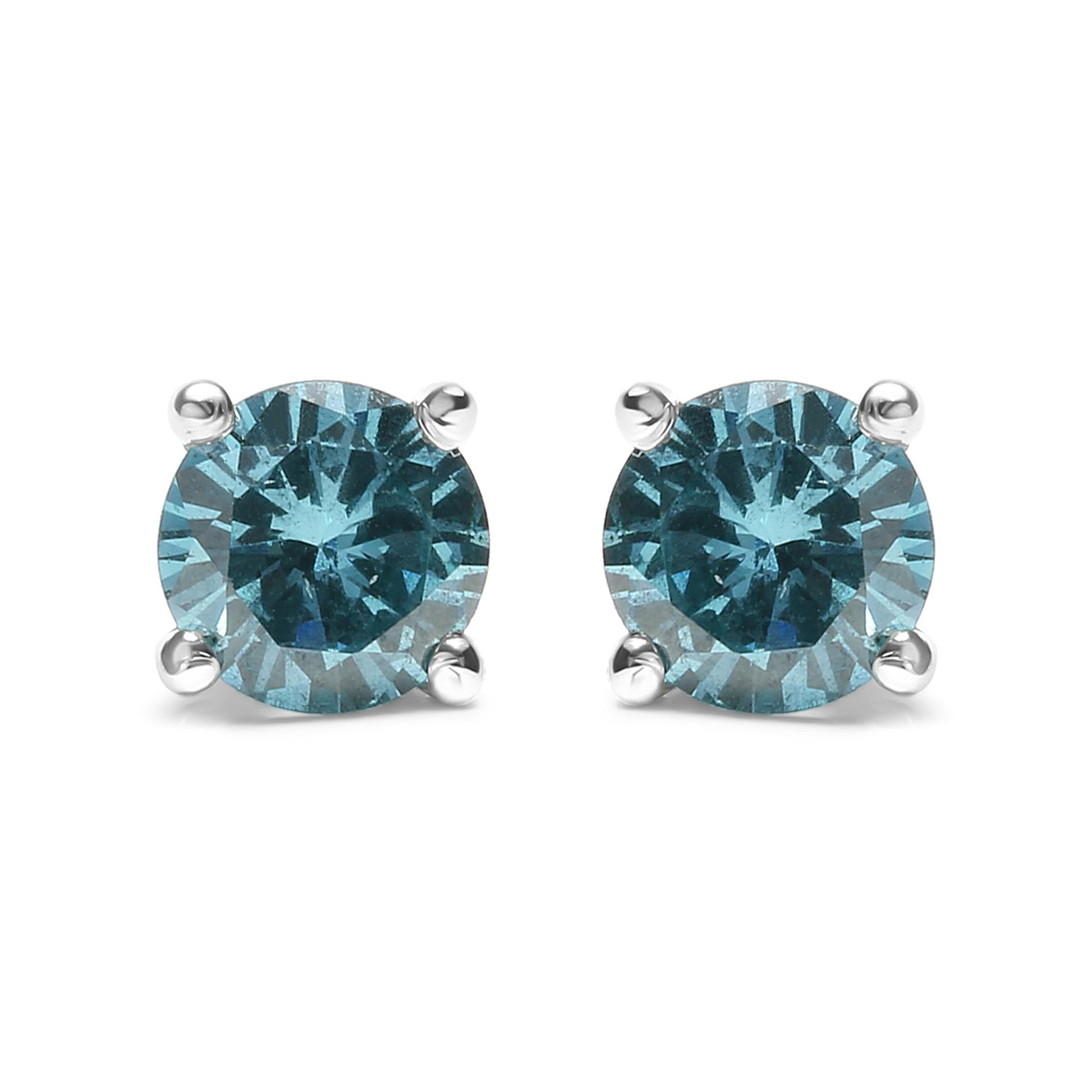 14K Gold 1/2 Cttw Aqua Blue Diamond Screw-Back 4-Prong Classic Stud Earrings