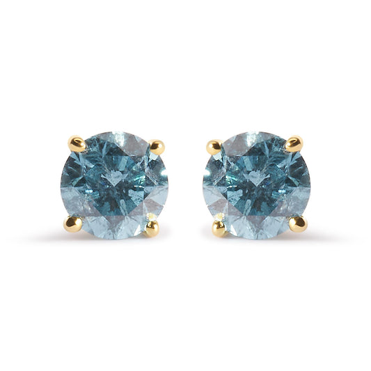 14K Yellow Gold 1.0 Cttw Treated Aqua Blue Diamond Classic Solitaire Stud