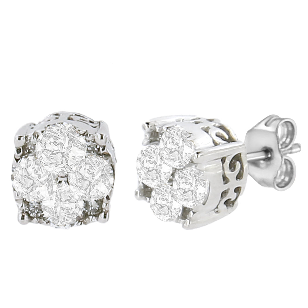 .925 Sterling Silver 1/2 cttw Prong Set Round-Cut Diamond Cluster Stud Earring