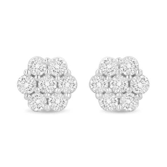 14K White Gold 1 1/2 cttw Prong Set Round-Cut Diamond Floral Cluster Stud