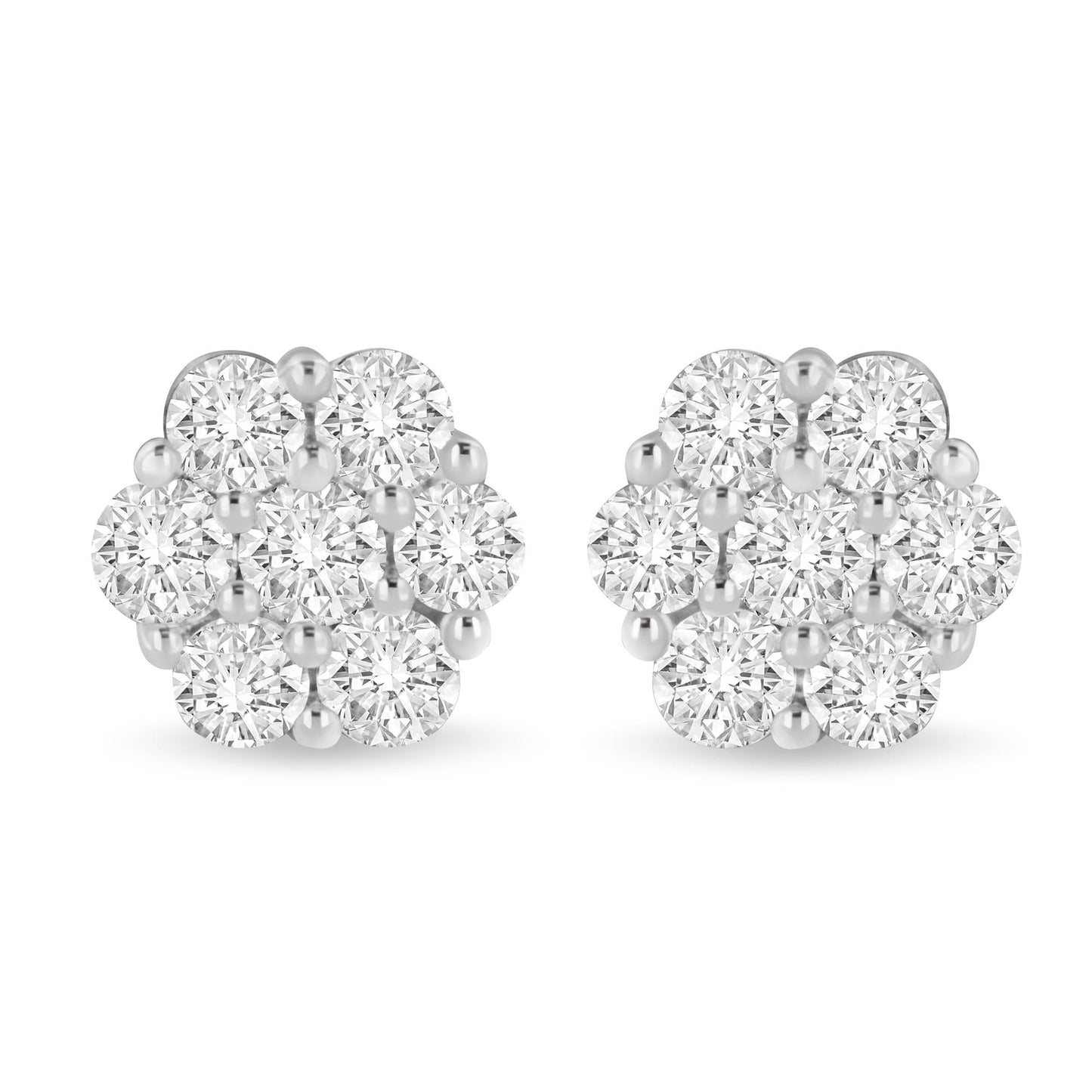 14K White Gold 3 cttw Prong Set Round-Cut Diamond Floral Cluster Stud Earring