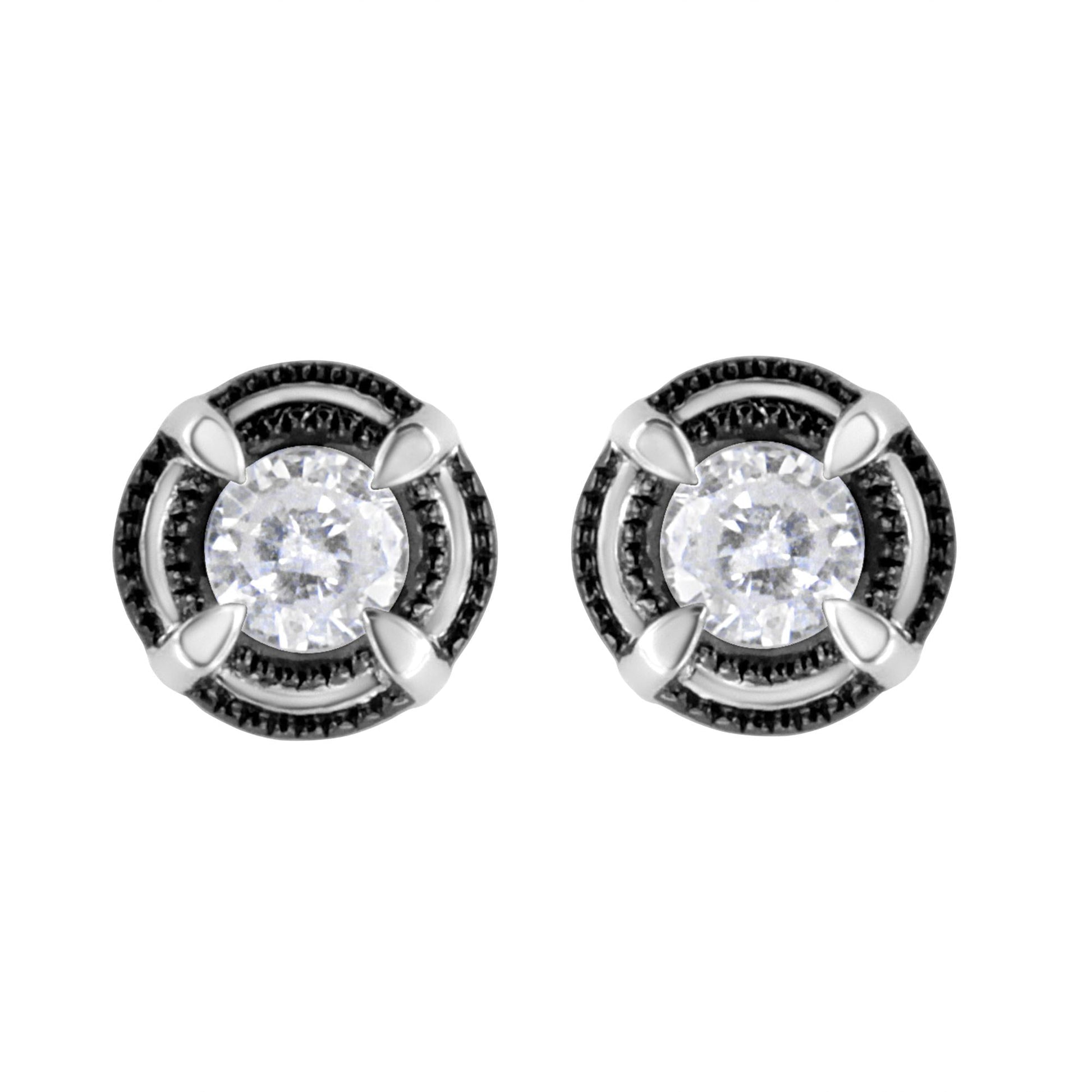 Black Rhodium Plated.925 Sterling Silver Round Diamond Double Halo 4-Prong