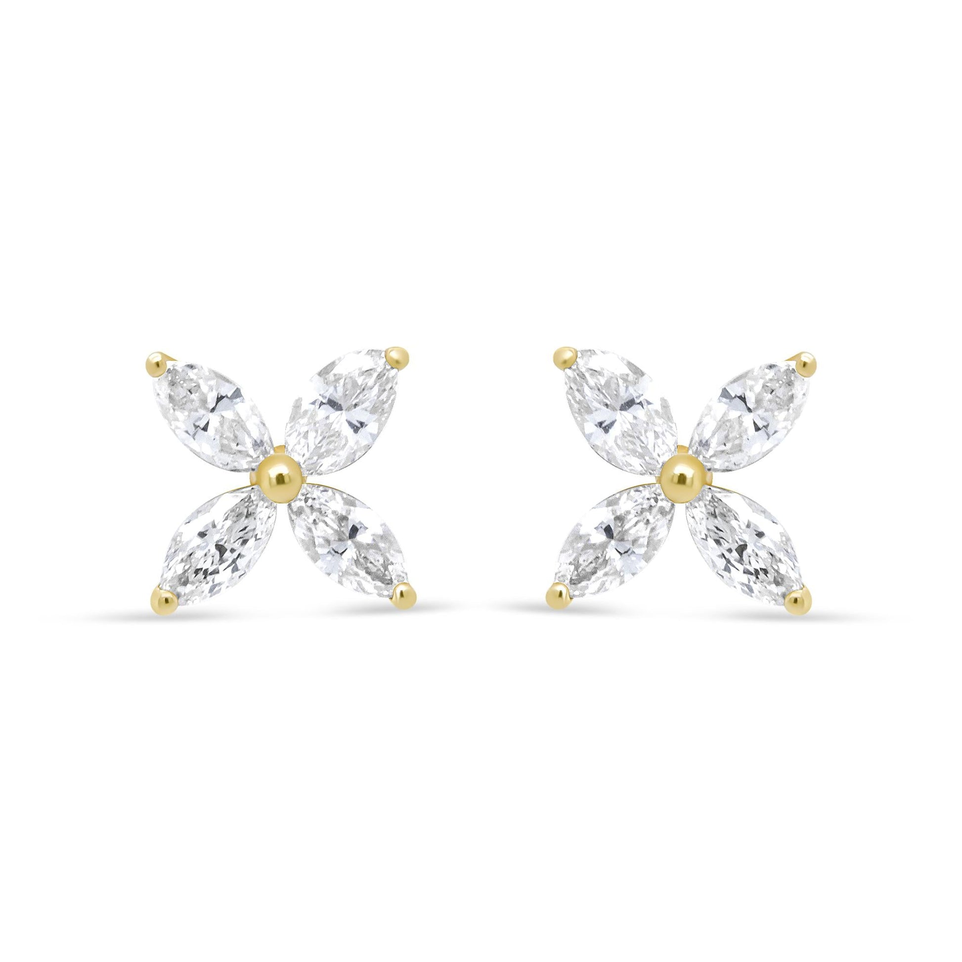 14K Gold Marquise Diamond 8 Stone Floral Leaf Stud Earrings (I-J Color SI2-I1