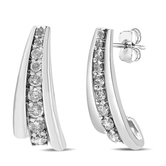 .925 Sterling Silver 1 Cttw Round Diamond Graduated Huggie Earrings (I2-I3