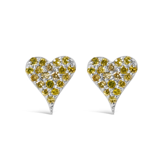 925 Sterling Silver 1/10 Cttw Yellow Diamond Heart Shaped Stud Earrings (Yellow