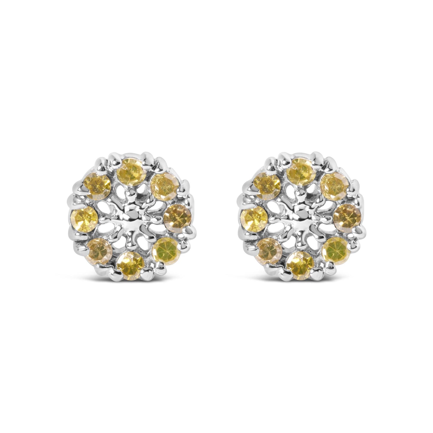 925 Sterling Silver 1/10 Cttw Yellow Diamond Floral Cluster Stud Earrings (Yellow Color, I3 Clarity)