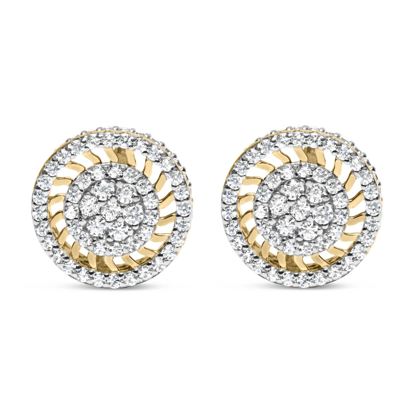 10K Yellow Gold 1.00 Cttw Diamond Halo Radiant Sunburst Stud Earrings (I-J