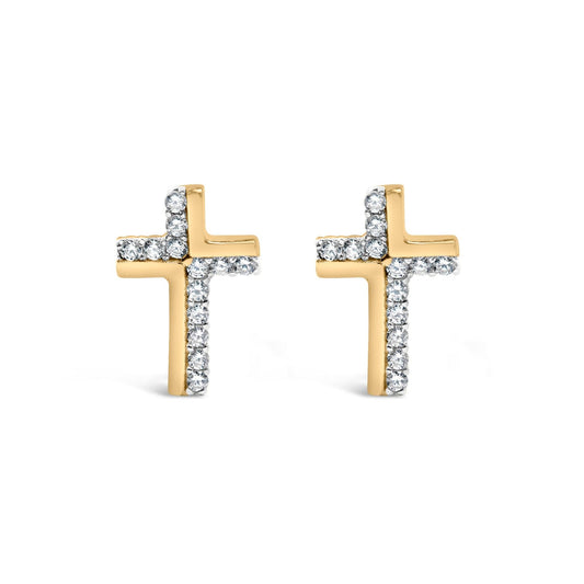 14K Yellow Gold Plated.925 Sterling Silver 1/10 Cttw Diamond Cross Stud Earring