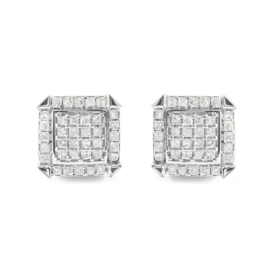 10K White Gold 1 1/10 Cttw Princess Diamond Composite and Halo Stud Earrings